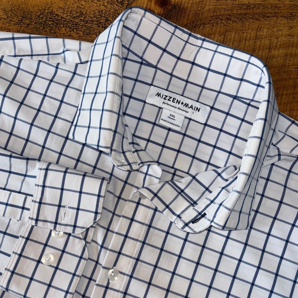 Mizzen + Main Mens Performance Checkered Long Sleeve Button Down White Blue XXL